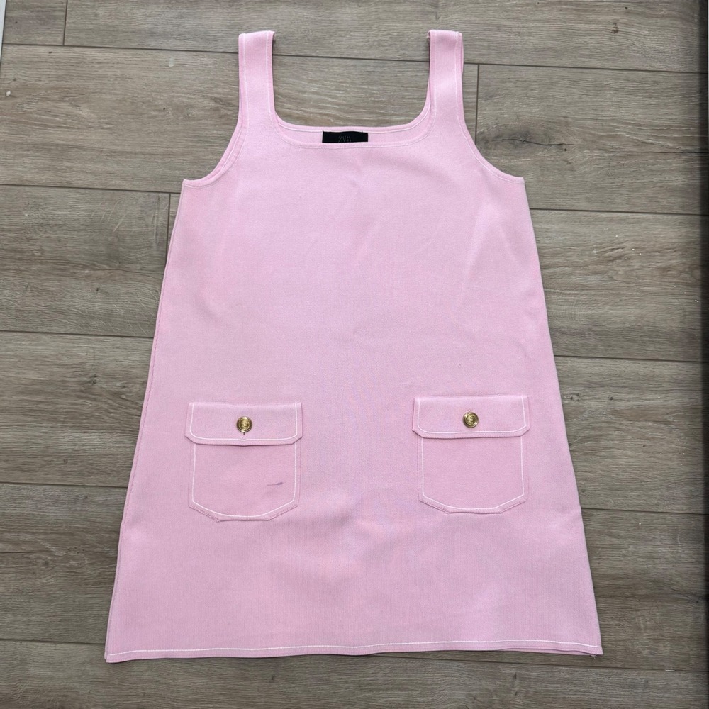 Zara Pink Knit Mini Dress Women's M Gold Button Pockets Sleeveless Preppy